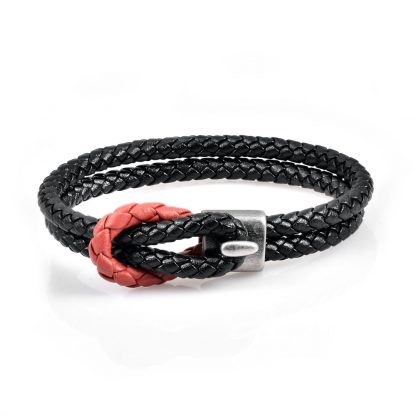 Double red and black braided genuine leather design, with a gunmetal clasp