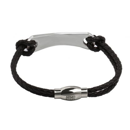 Top plate steel with thin braided black leather.