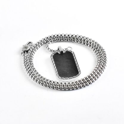 Staineless Steel Chain with Leather Center Tag