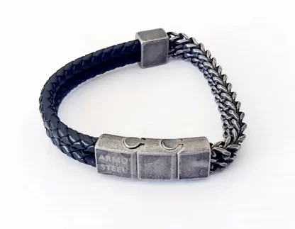 Twin flat steel chain  with braided black leather