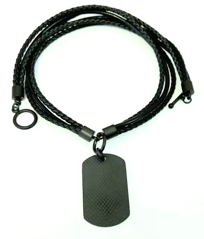 Black Steel Diamond Chequered Dog Tag with Three Braid Leather