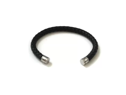 Black Leather Open Bracelet with Steel Caps